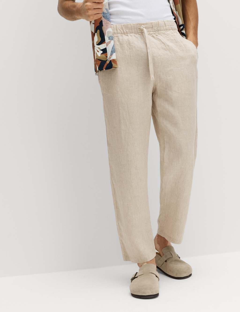 Marks & Spencer M&S Loose Fit Pure Linen Elasticated Waist Trousers Natural