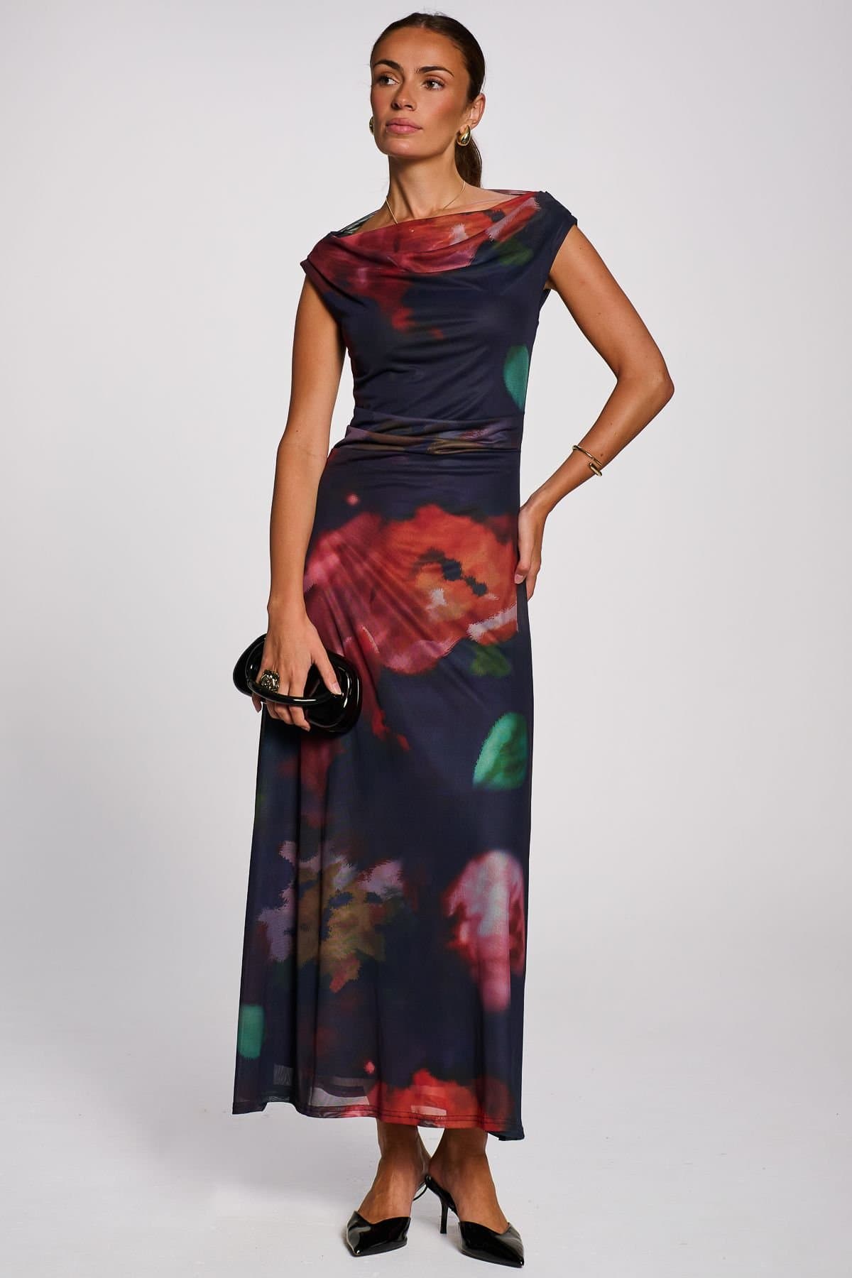 Jolie Moi Jolie Moi Women's Multiway Neckline Mesh Maxi Dress in Dark Navy