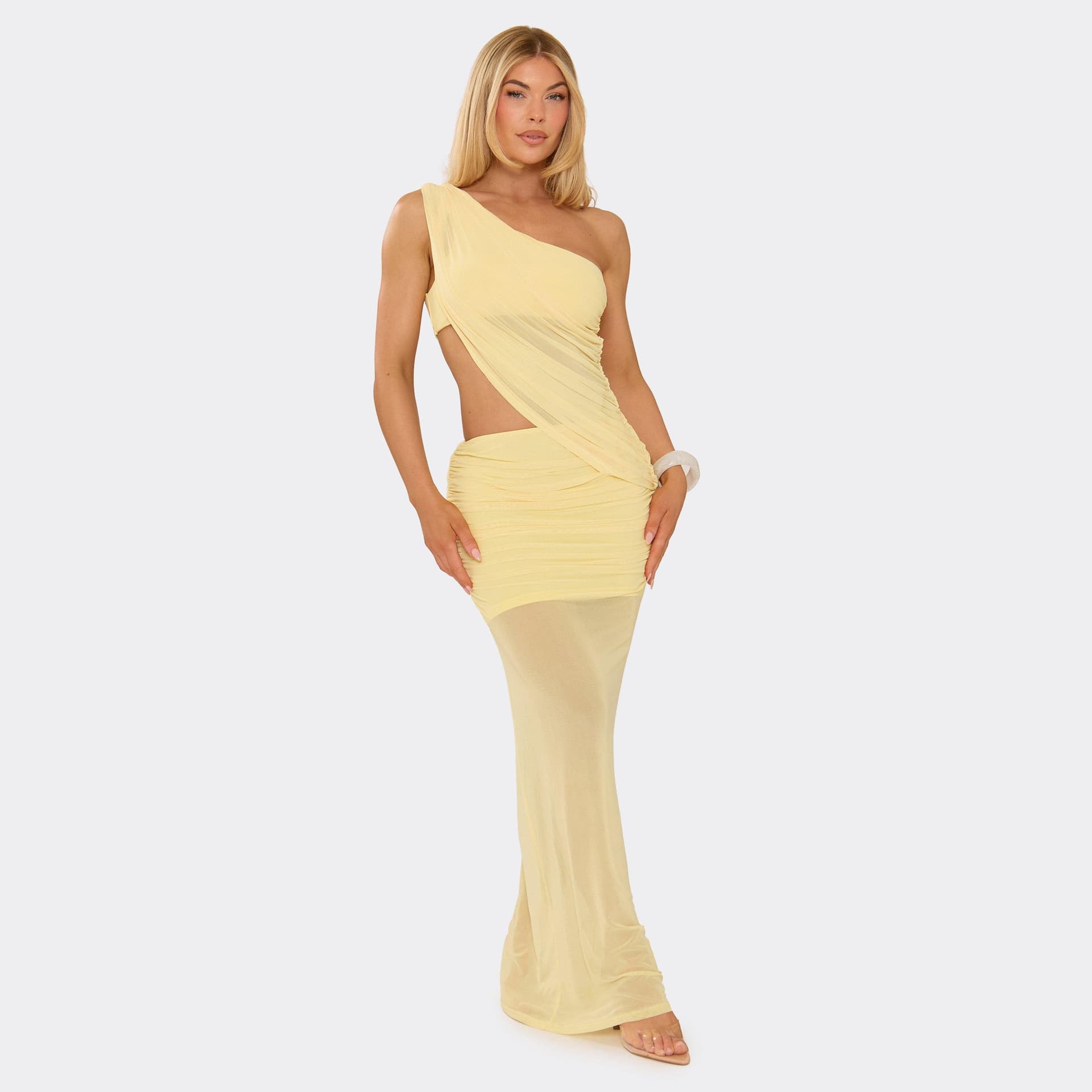 EGO One Shoulder Cut Out Draped Maxi Dress In Lemon, Women's Size UK 6