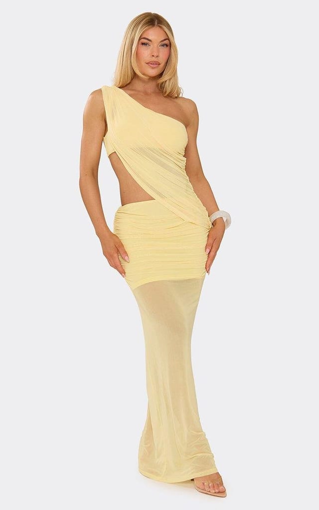 EGO One Shoulder Cut Out Draped Maxi Dress In Lemon, Women's Size UK 6 - 2