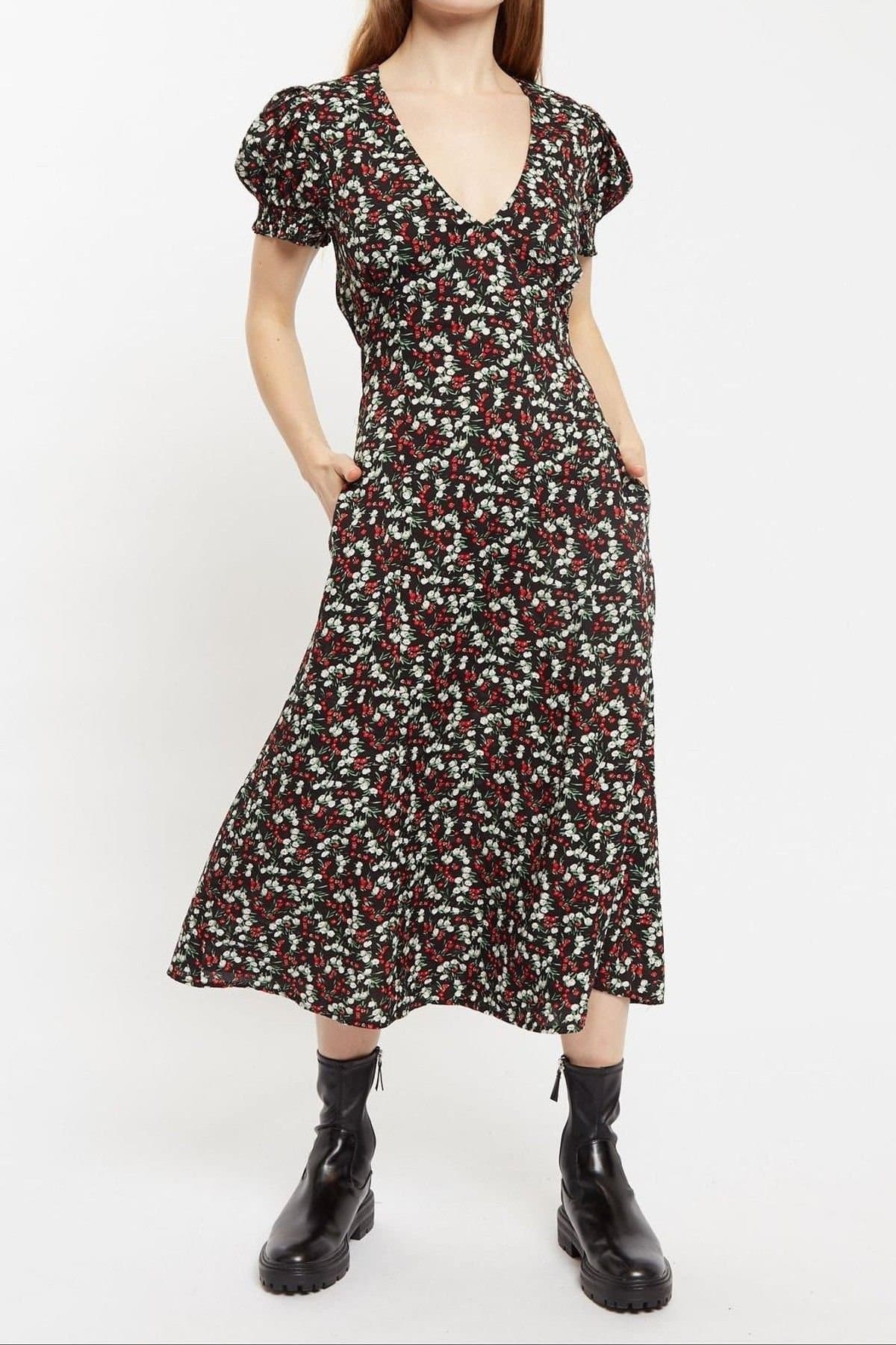 Louche Louche Women's Minerva Jolly Ditsy Print Puff Sleeve Midi Dress in Black