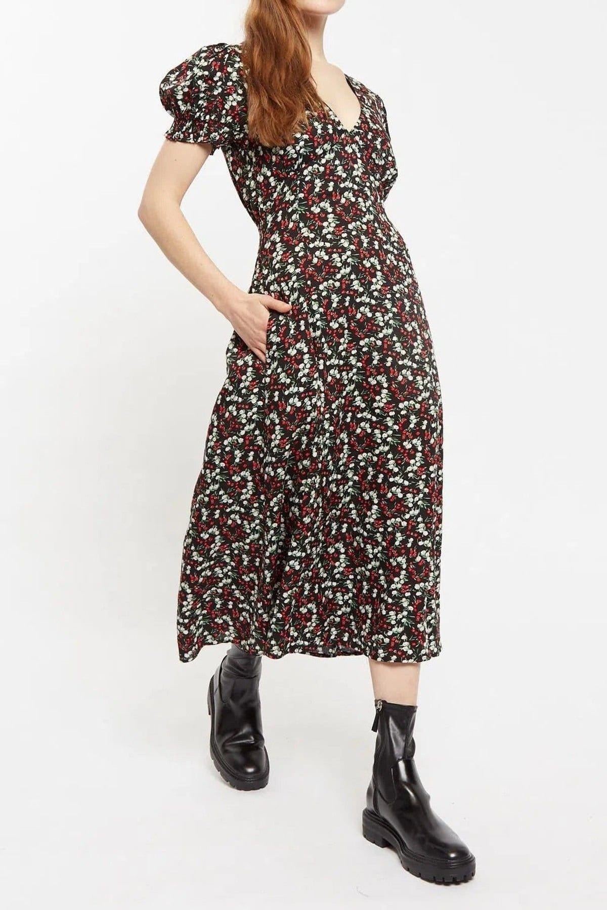 Louche Louche Women's Minerva Jolly Ditsy Print Puff Sleeve Midi Dress in Black - 4