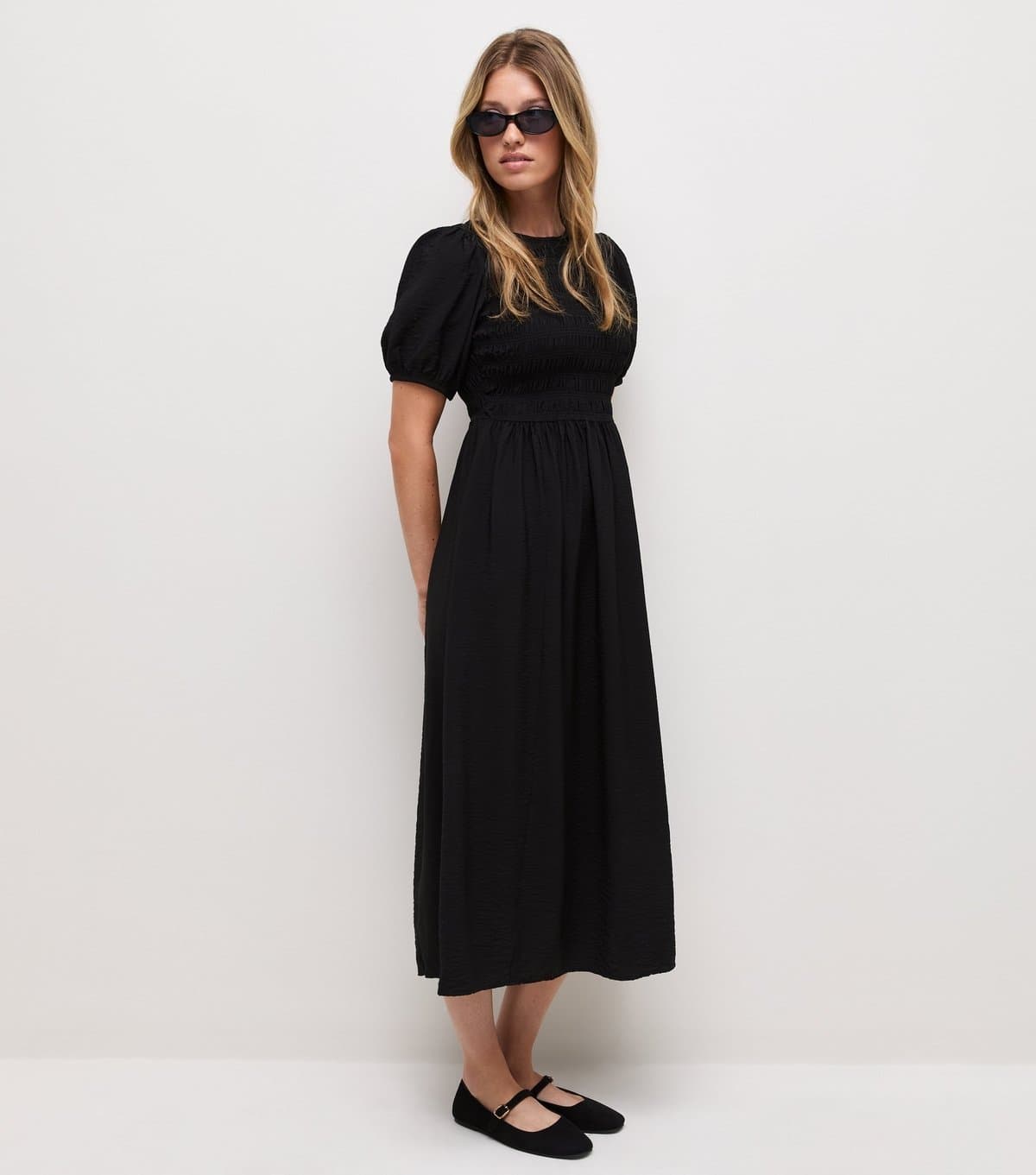 New Look Women's Black Shirred Bust Crew Neck Short Sleeve Midi Dress New Look