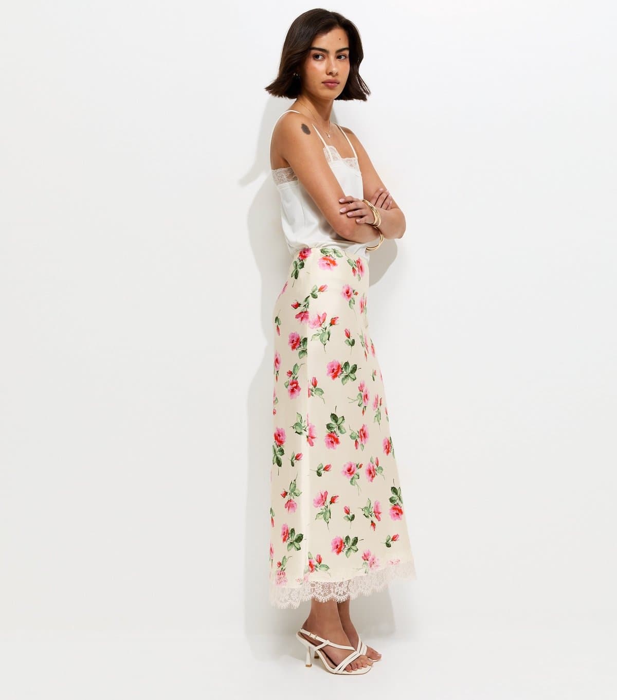 New Look Women's White Rose Print Lace Trim Midi Skirt New Look