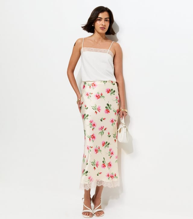 New Look Women's White Rose Print Lace Trim Midi Skirt New Look - 3