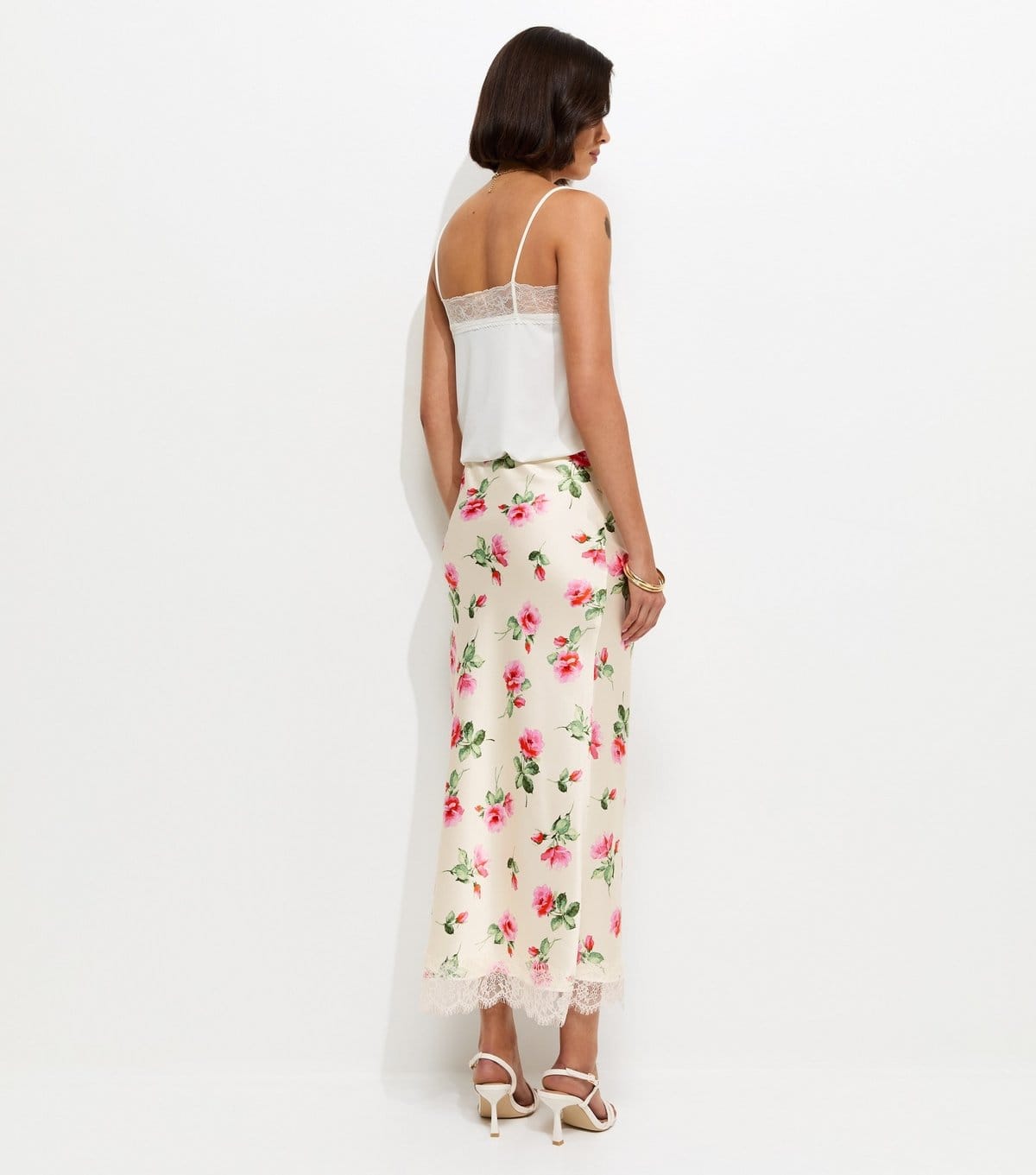 New Look Women's White Rose Print Lace Trim Midi Skirt New Look - 4