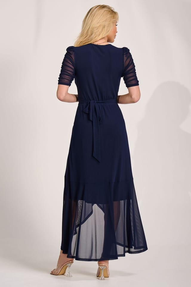 Jolie Moi Jolie Moi Women's Ruched Sleeve Mesh Maxi Dress in Navy - 2