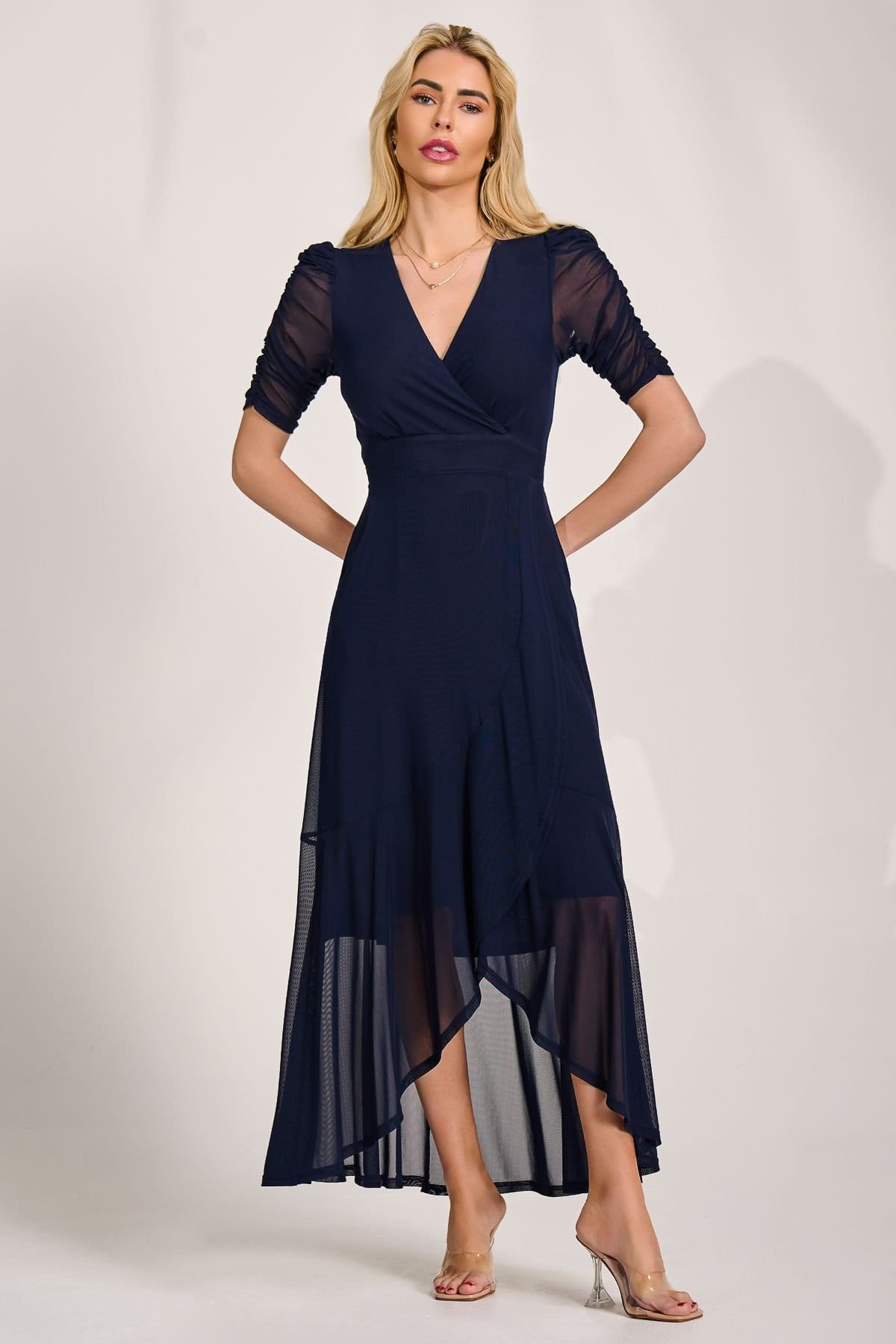 Jolie Moi Jolie Moi Women's Ruched Sleeve Mesh Maxi Dress in Navy - 4