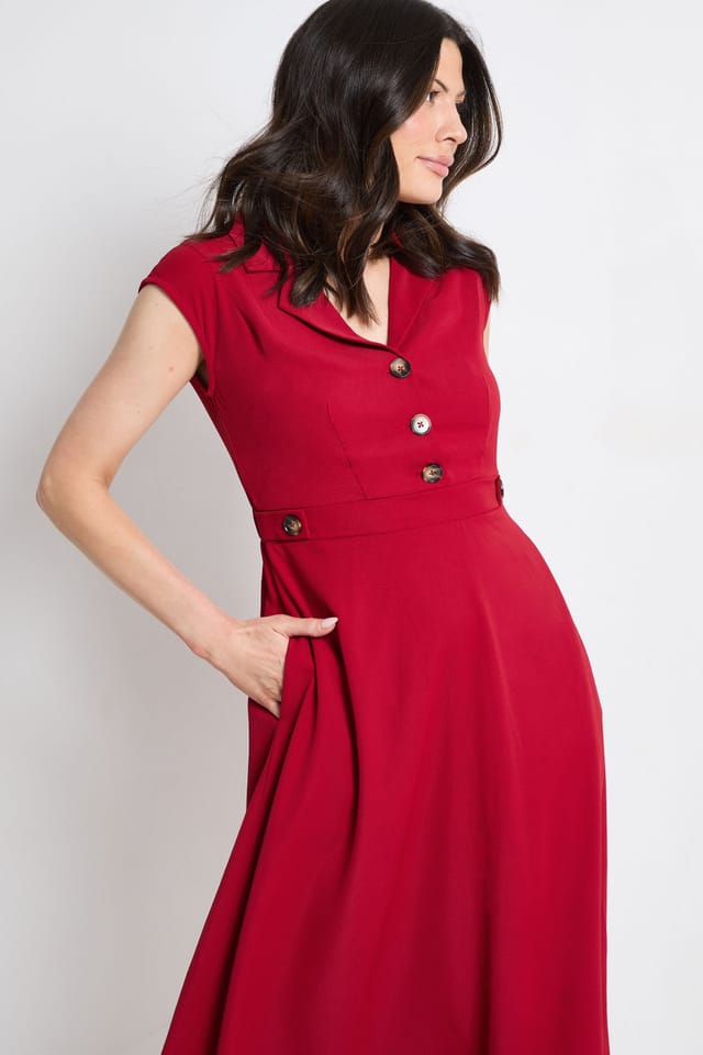 Principles Principles Women's Collared Button Detail Fit & Flare Dress in Dark Red - 2