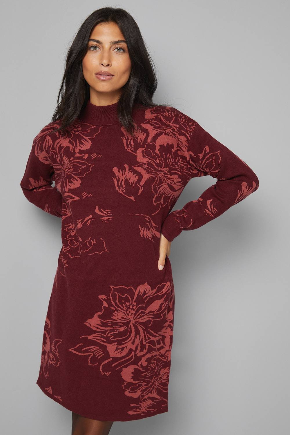 Wallis Wallis Women's Floral Jacquard Knitted Dress in Burgundy - 2