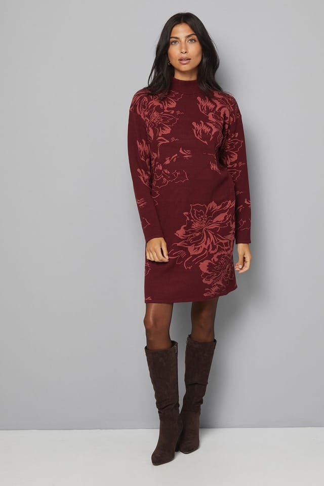 Wallis Wallis Women's Floral Jacquard Knitted Dress in Burgundy - 2