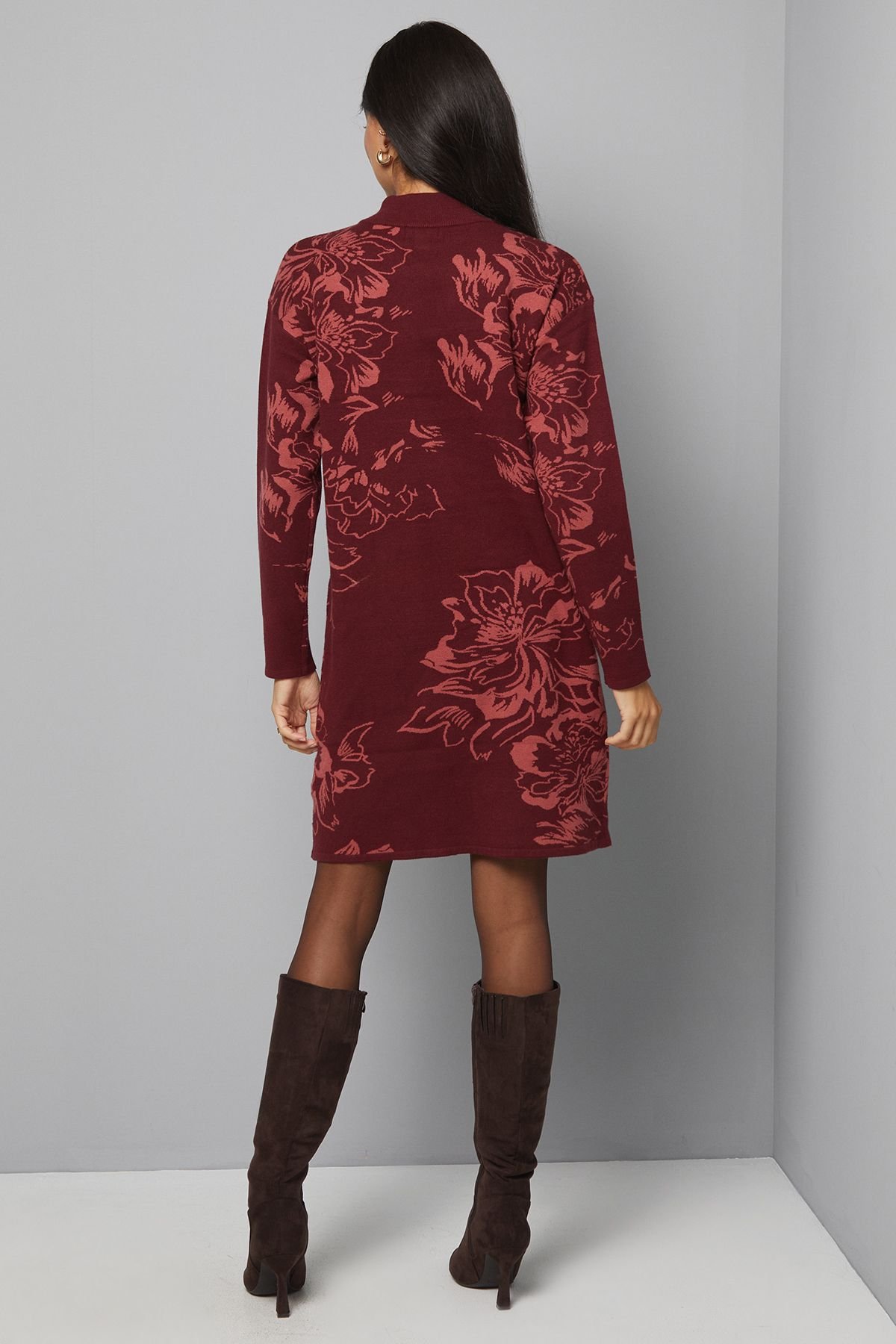 Wallis Wallis Women's Floral Jacquard Knitted Dress in Burgundy - 3
