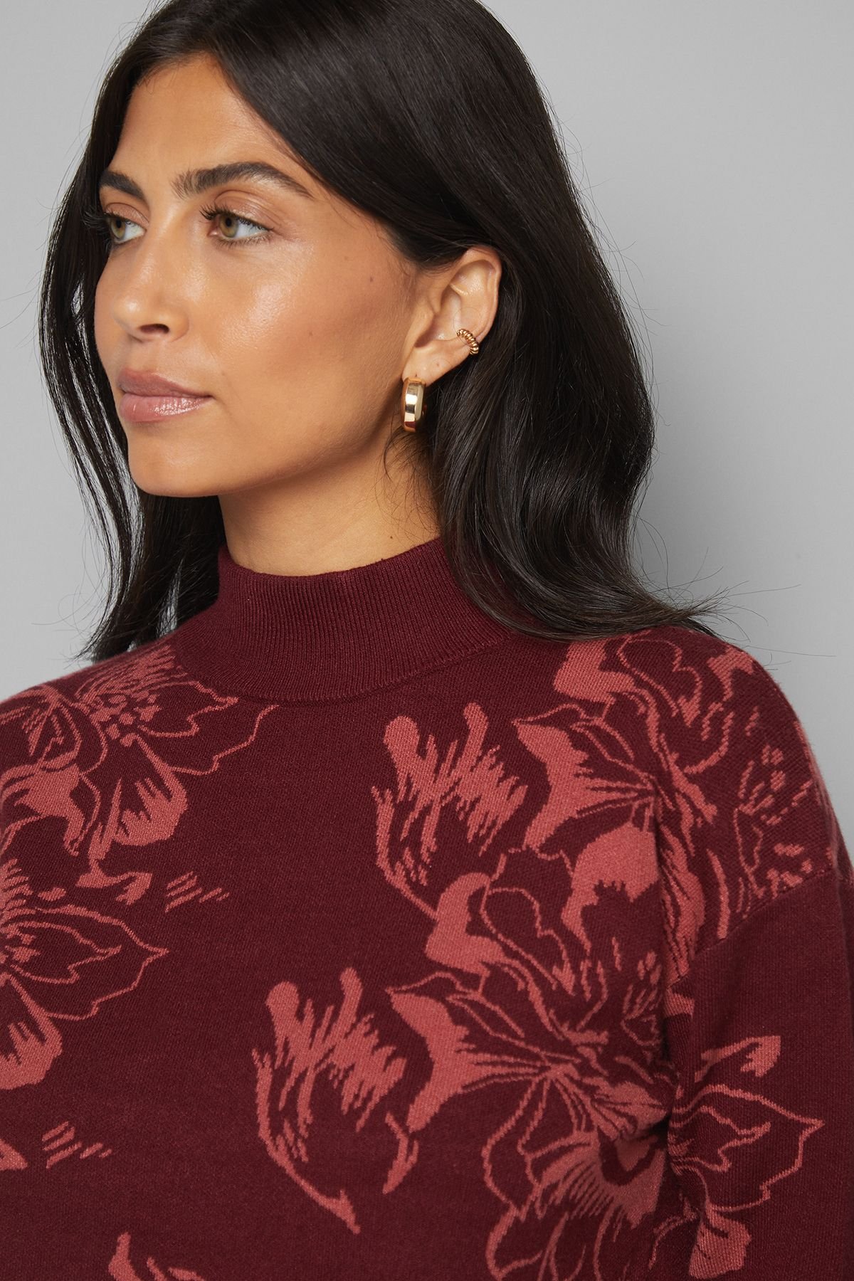 Wallis Wallis Women's Floral Jacquard Knitted Dress in Burgundy - 4