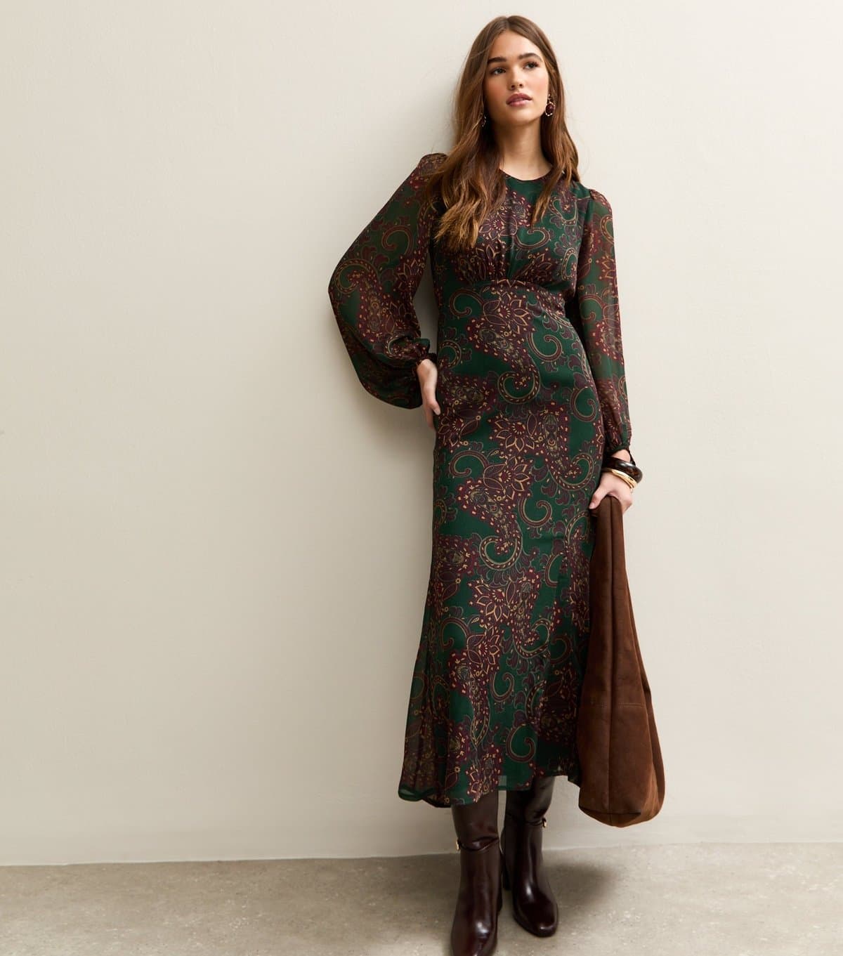 New Look Women's Dark Green Paisley Long Sleeve Midi Dress New Look