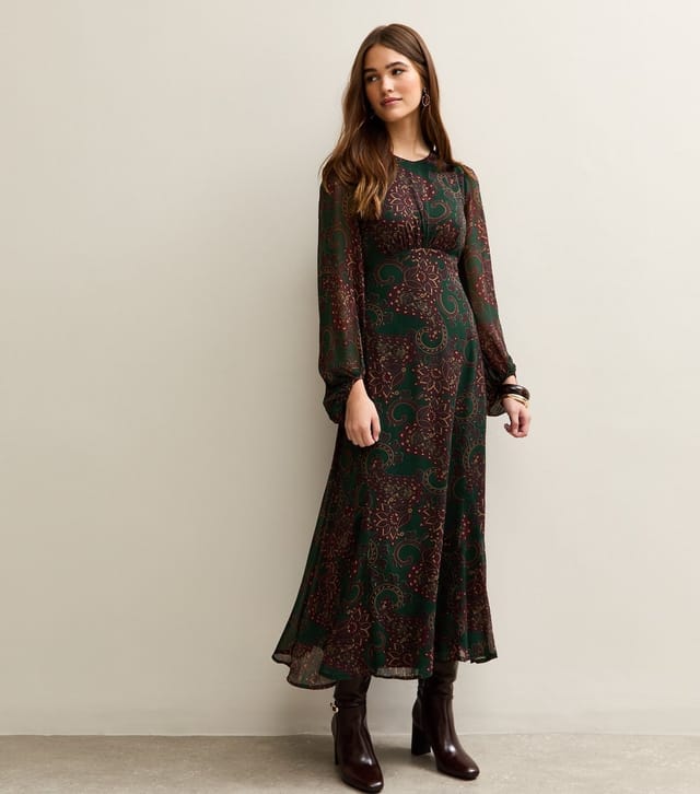 New Look Women's Dark Green Paisley Long Sleeve Midi Dress New Look - 3