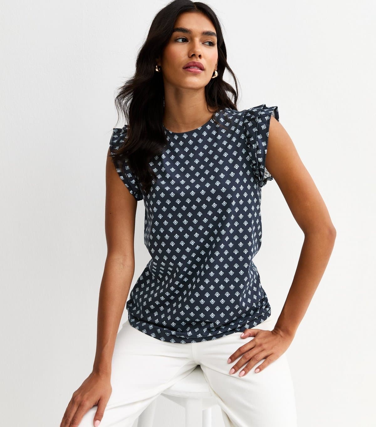 New Look Women's Blue Cotton Frilly Cap Sleeve Top New Look