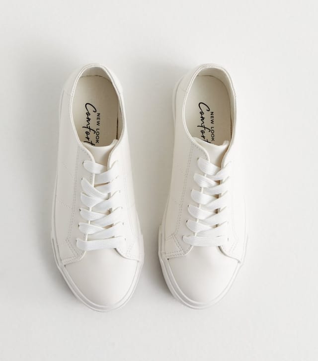 New Look Women's White Leather-Look Lace Up Trainers Vegan New Look - 3