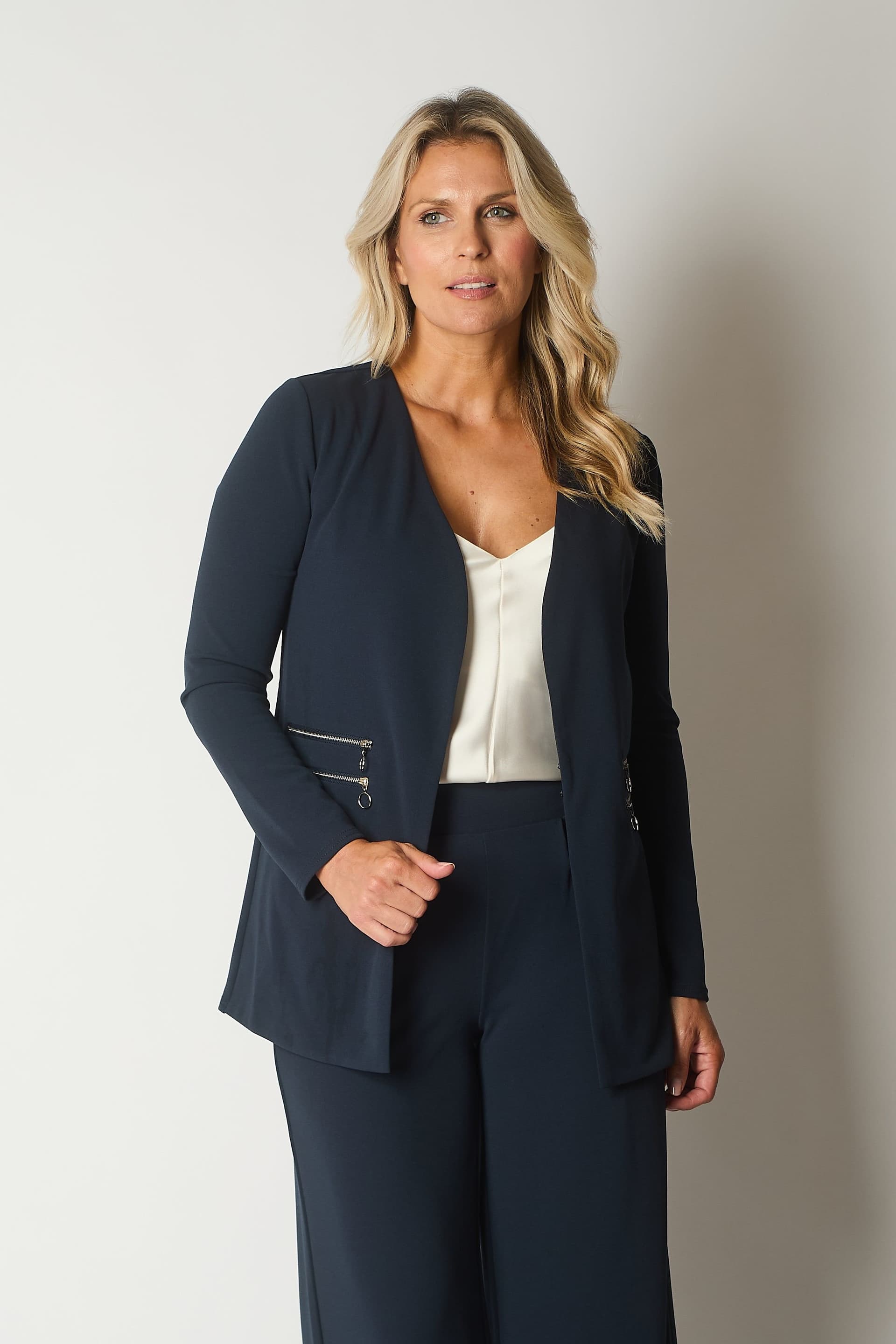 SOLO SOLO Women's Blazer with Decorative Zip Pockets in Navy