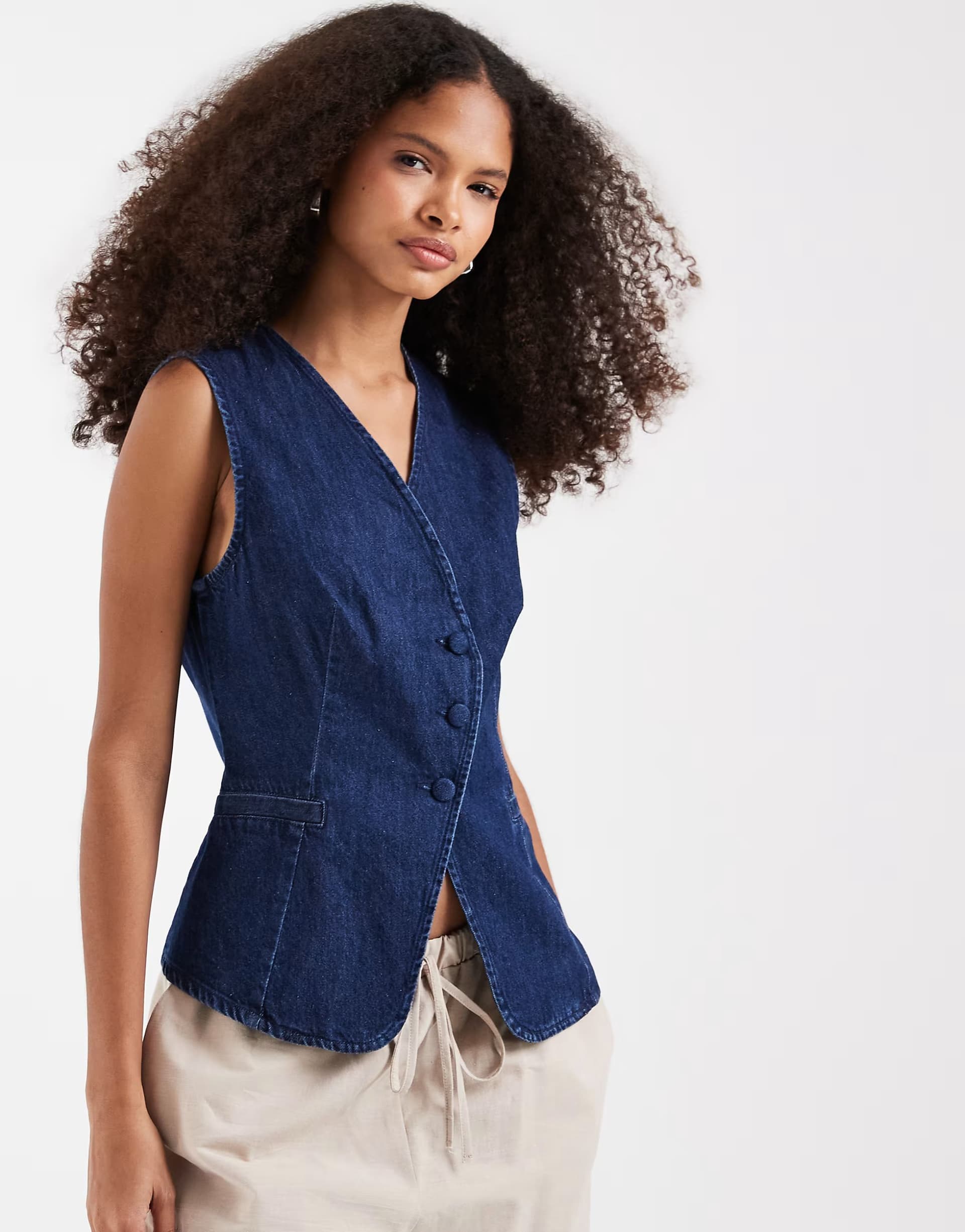 ASOS Vero Moda denim asymmetric placket waistcoat with covered buttons in medium blue wash