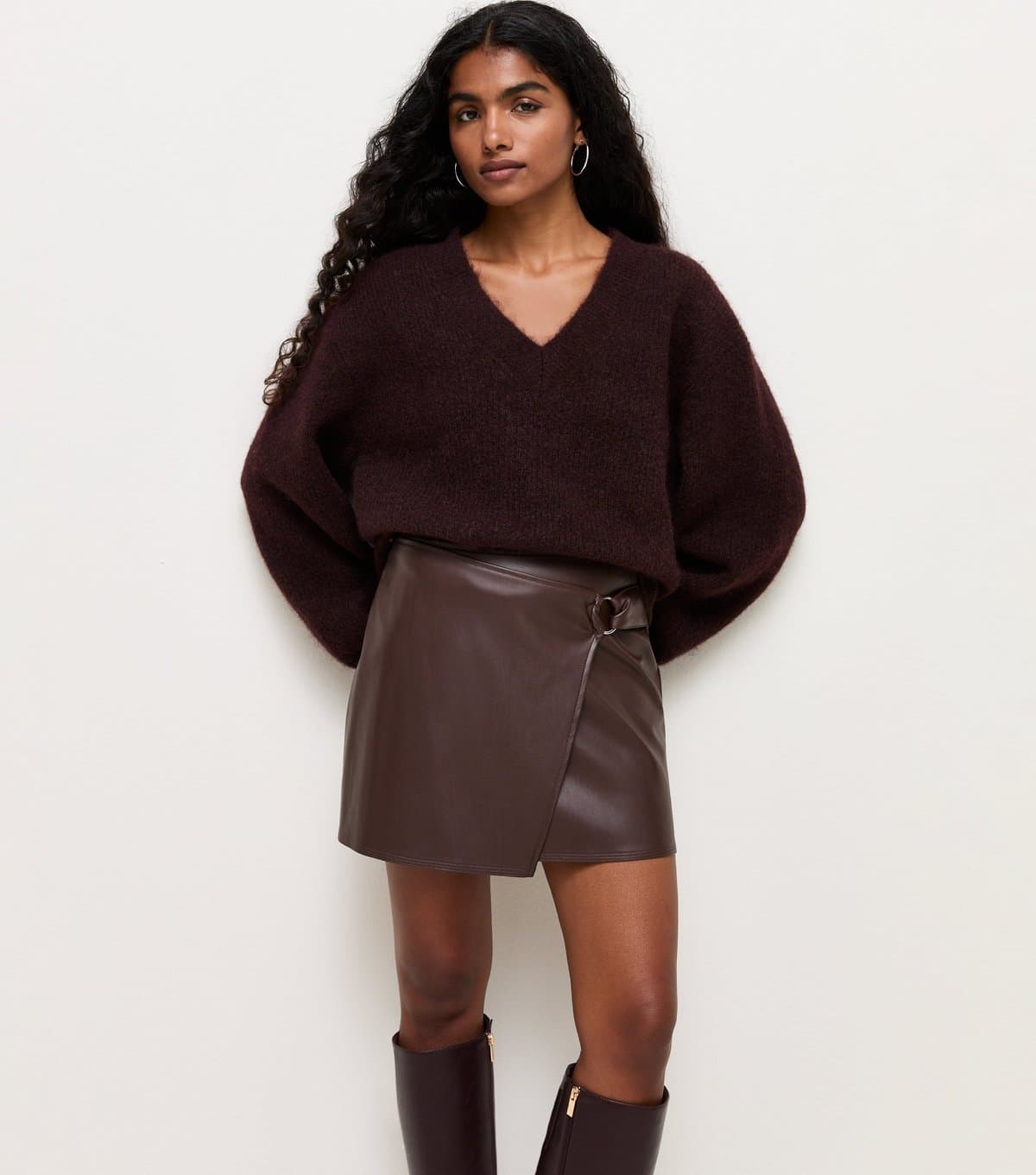 New Look Women's Petite Dark Brown Faux Leather Belted Wrap Skort New Look