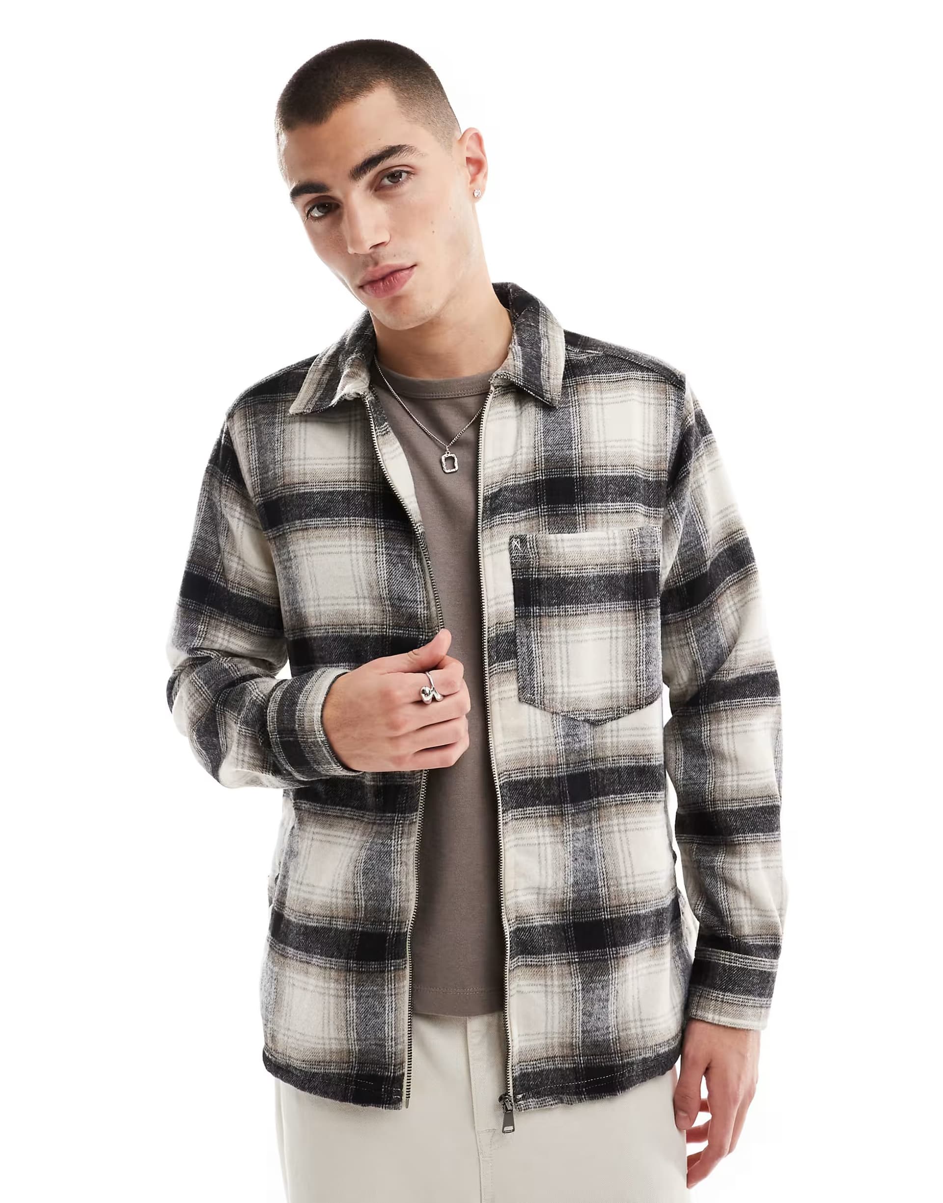 ASOS ONLY & SONS zip through overshirt with wool in white and black check
