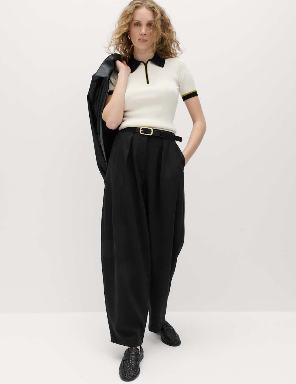 Marks & Spencer M&S Barrel Pleat Front Tapered Trousers Black