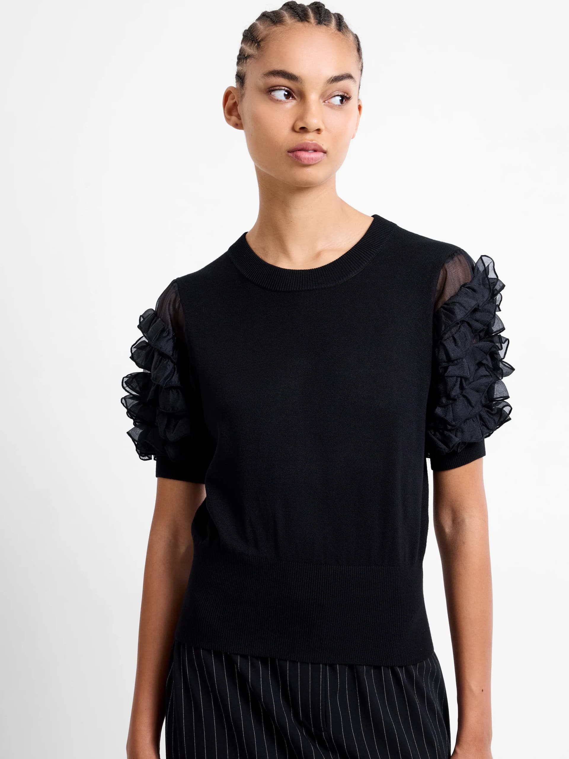 French Connection Krista Knit Stacked Ruffle Sleeves Top Blackout