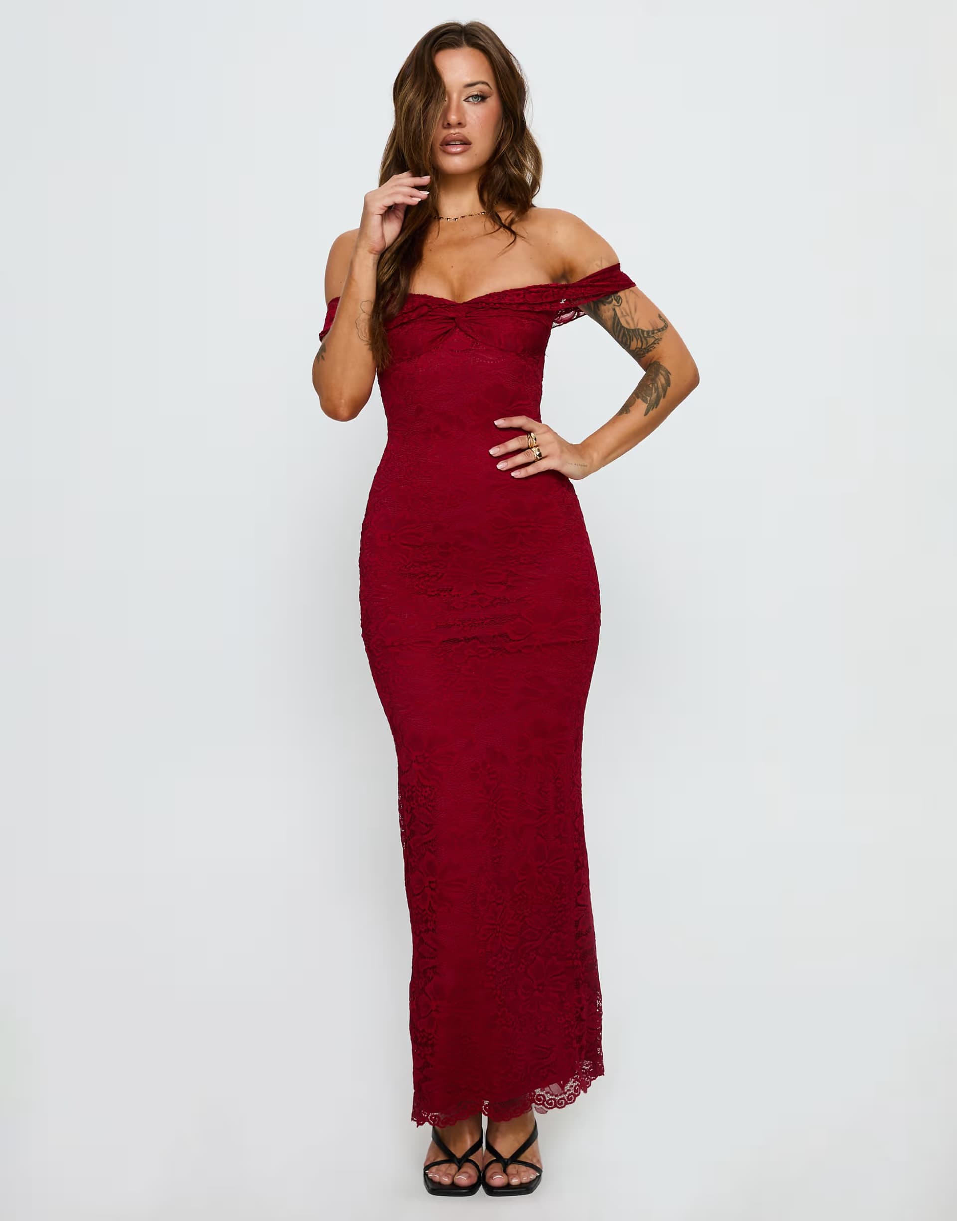 ASOS Princess Polly Anabeila lace bardot twist front detail maxi dress in red