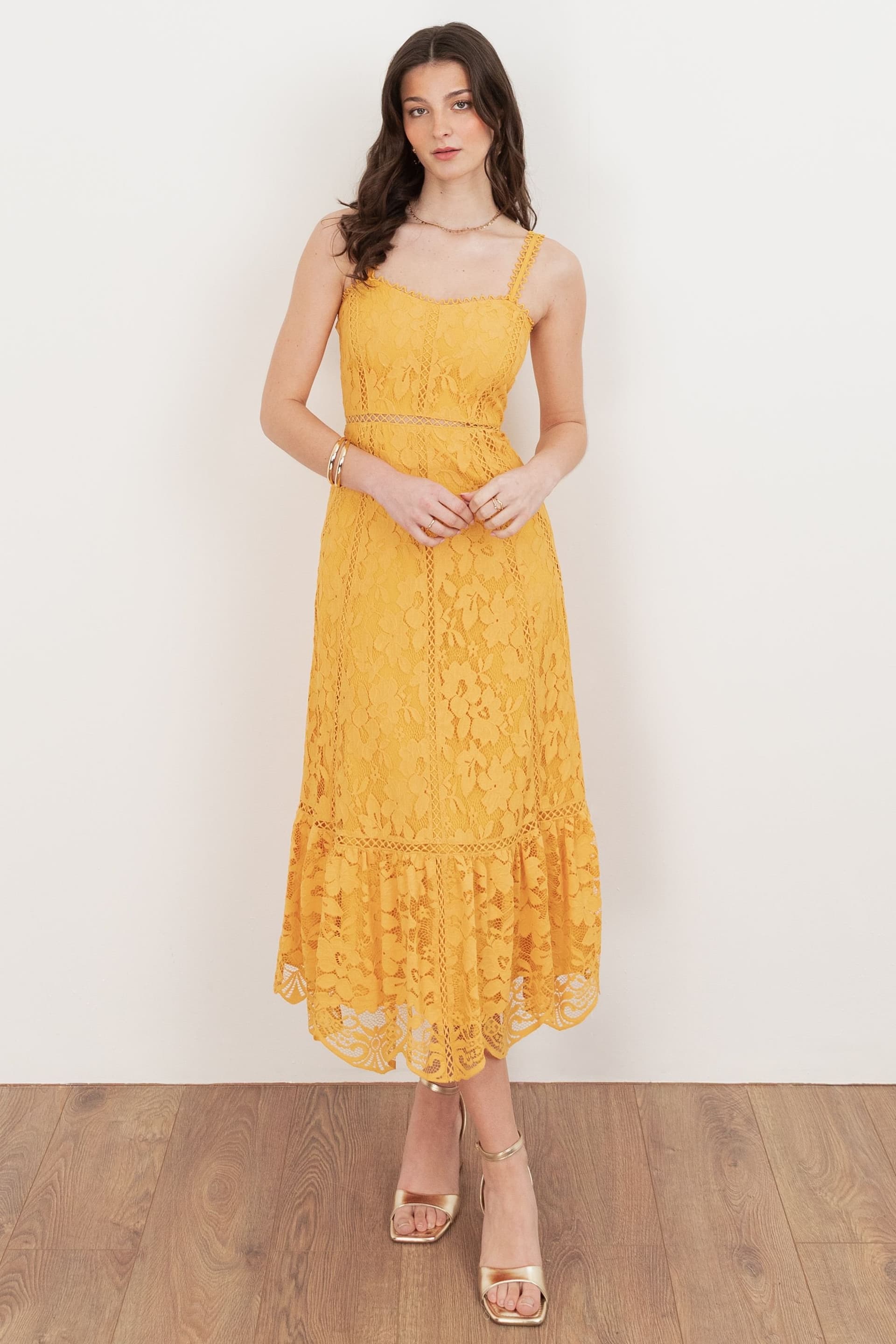 Maya Deluxe Maya Deluxe Women's Lace Cami Midi Dress in Yellow