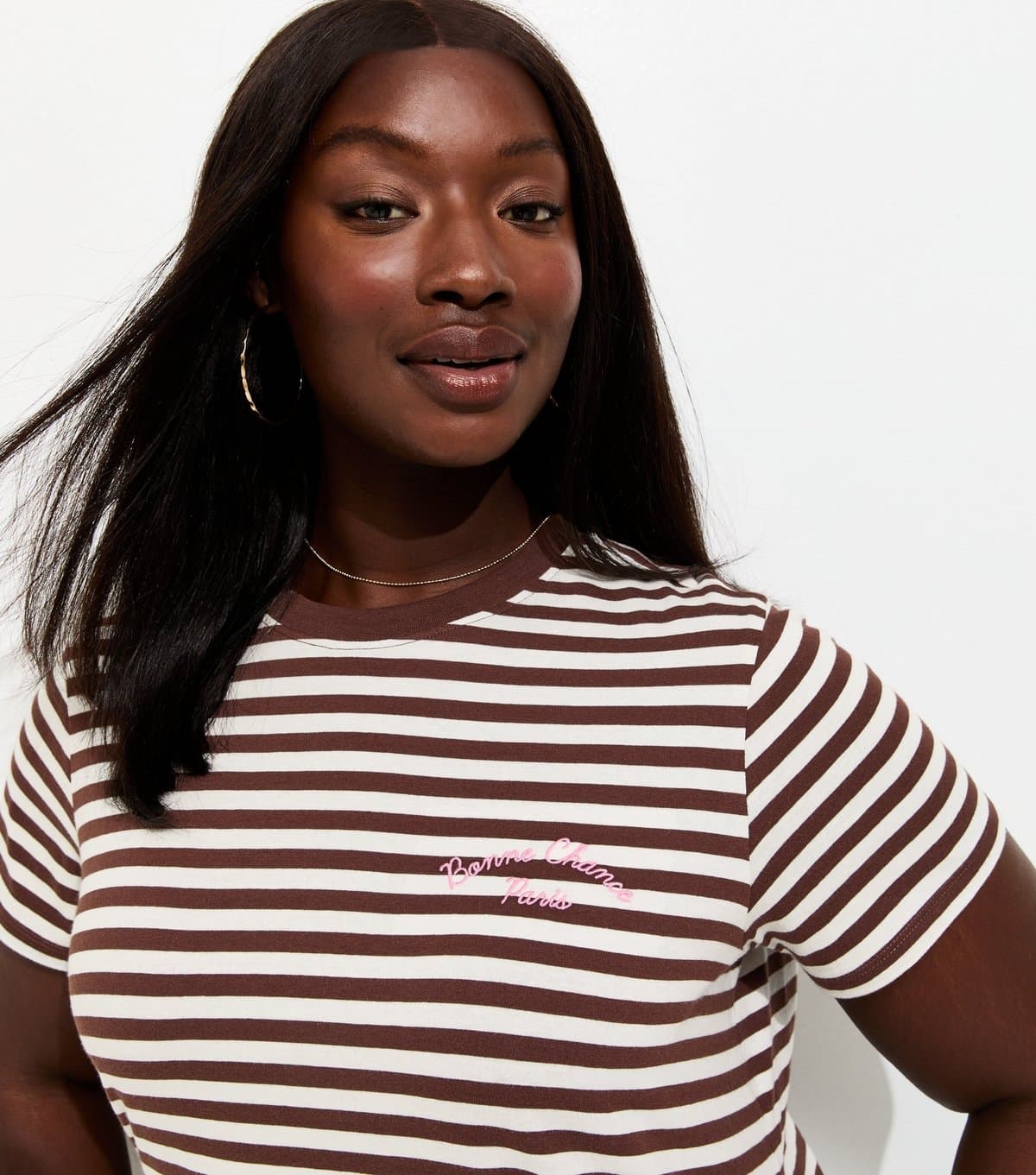 New Look Women's Plus Size Brown Cotton Striped Bonne Chance Embroidered T-Shirt Curves New Look