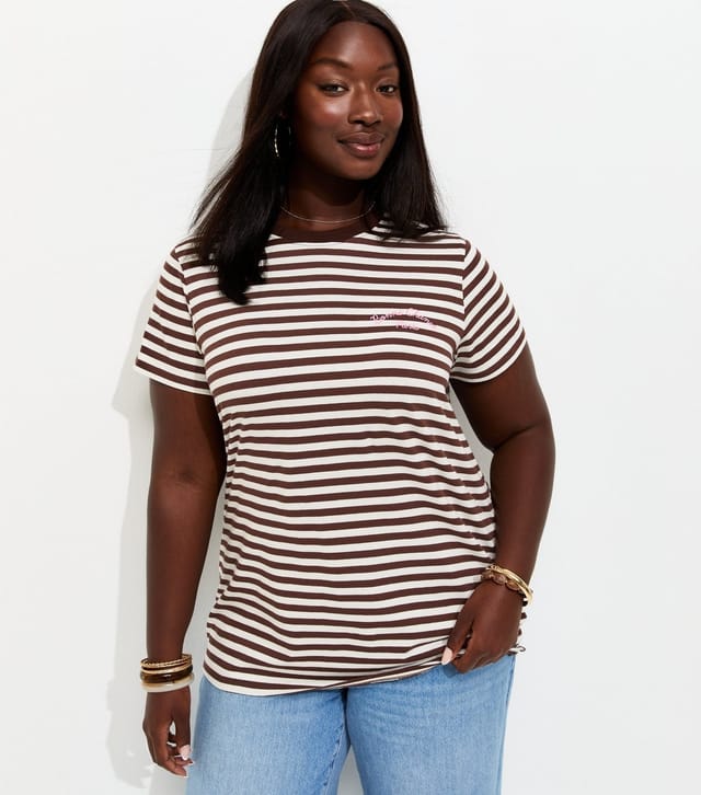 New Look Women's Plus Size Brown Cotton Striped Bonne Chance Embroidered T-Shirt Curves New Look - 2