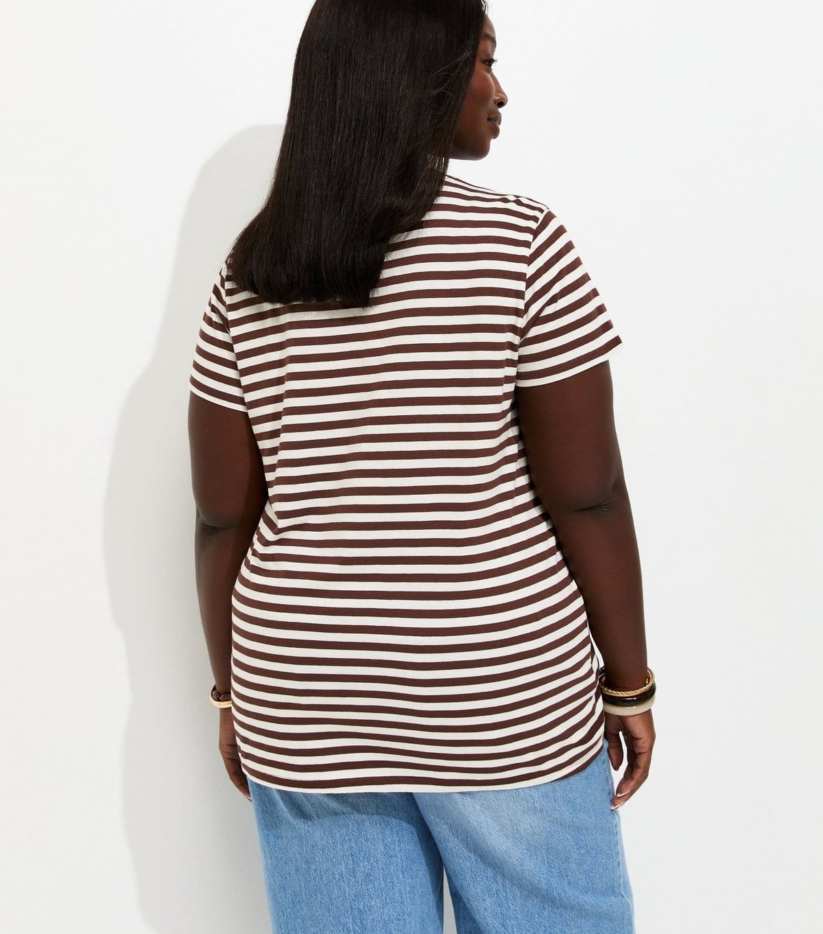 New Look Women's Plus Size Brown Cotton Striped Bonne Chance Embroidered T-Shirt Curves New Look - 4