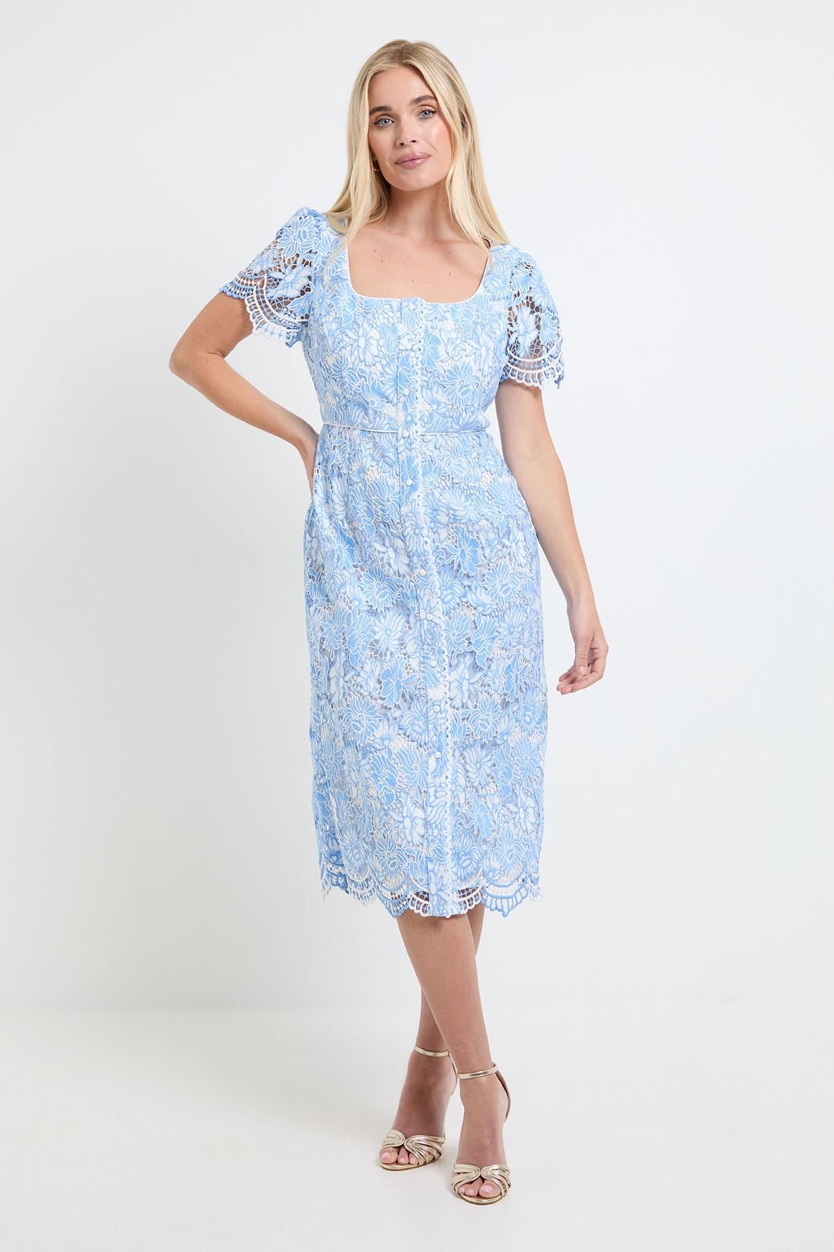Wallis Wallis Women's Petite Contrast Lace Button Midi Dress in Blue