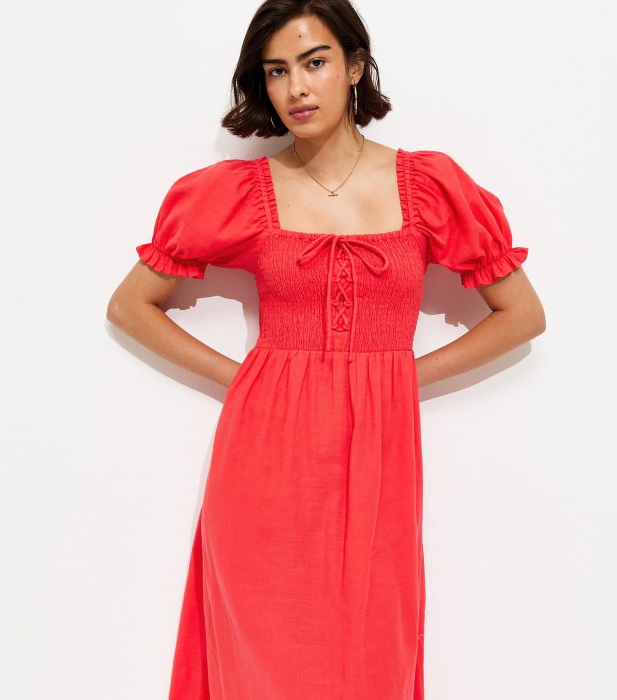 New Look Women's Red Cotton Shirred Short Sleeve Midi Dress New Look