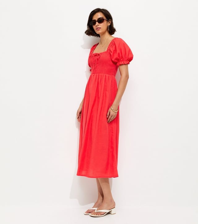 New Look Women's Red Cotton Shirred Short Sleeve Midi Dress New Look - 2