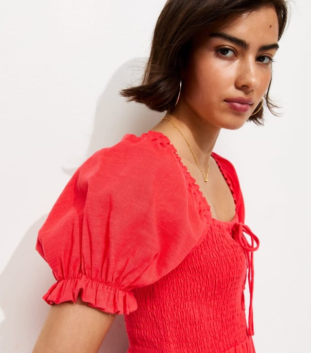 New Look Women's Red Cotton Shirred Short Sleeve Midi Dress New Look - 3