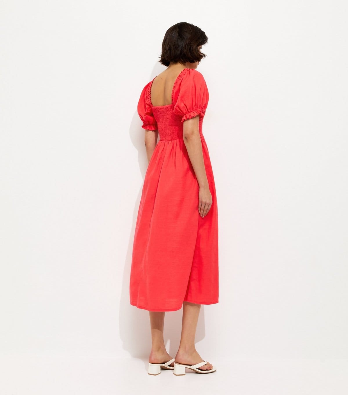 New Look Women's Red Cotton Shirred Short Sleeve Midi Dress New Look - 4