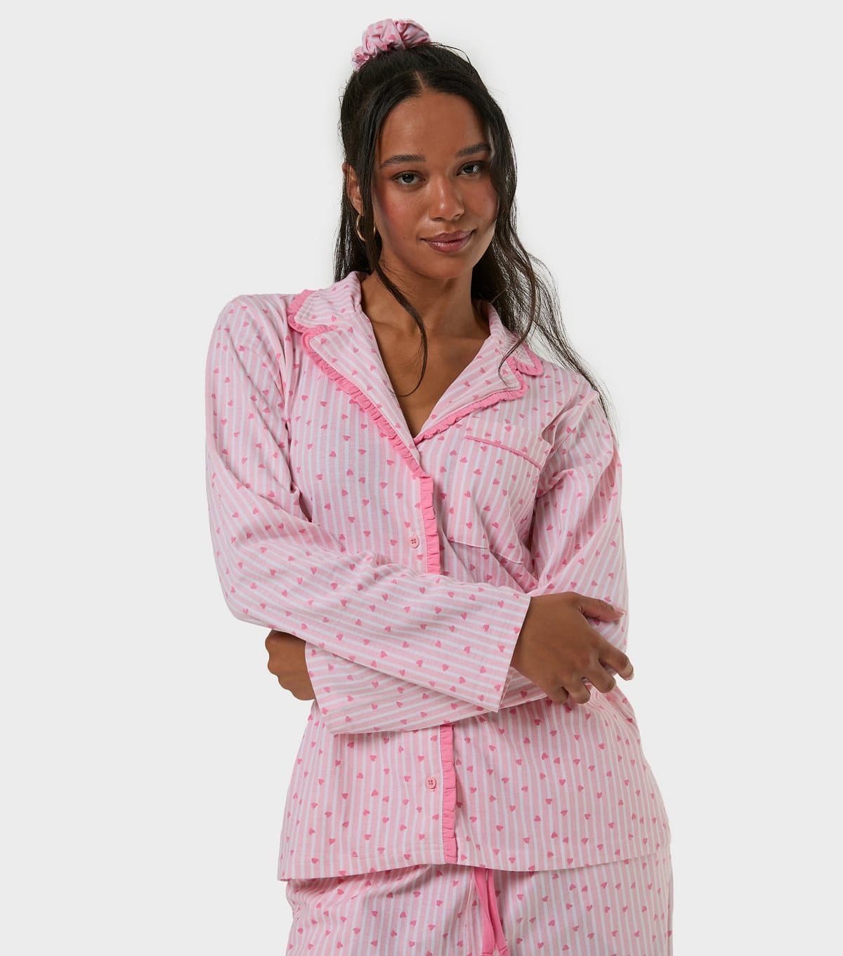 Skinnydip Women's Bright Pink Heart Print Shirt and Trousers Pyjama Set With A Scrunchie Skinnydip New Look