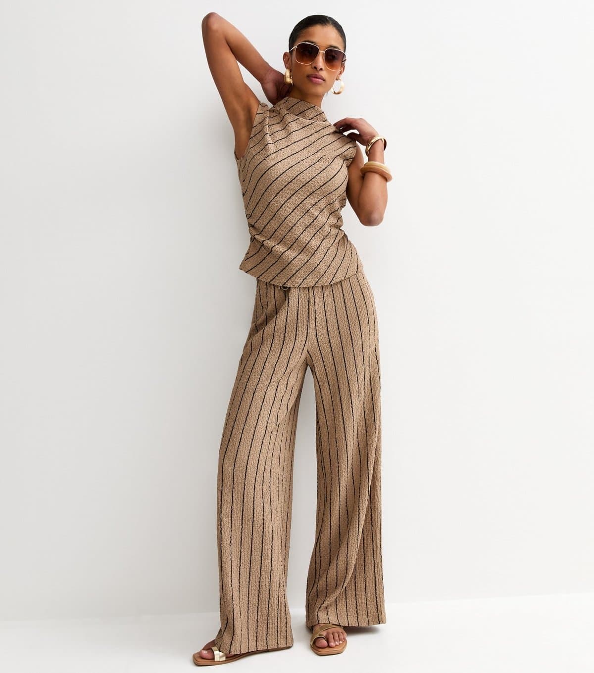 New Look Women's Brown Crinkled Striped Wide Leg Trousers New Look