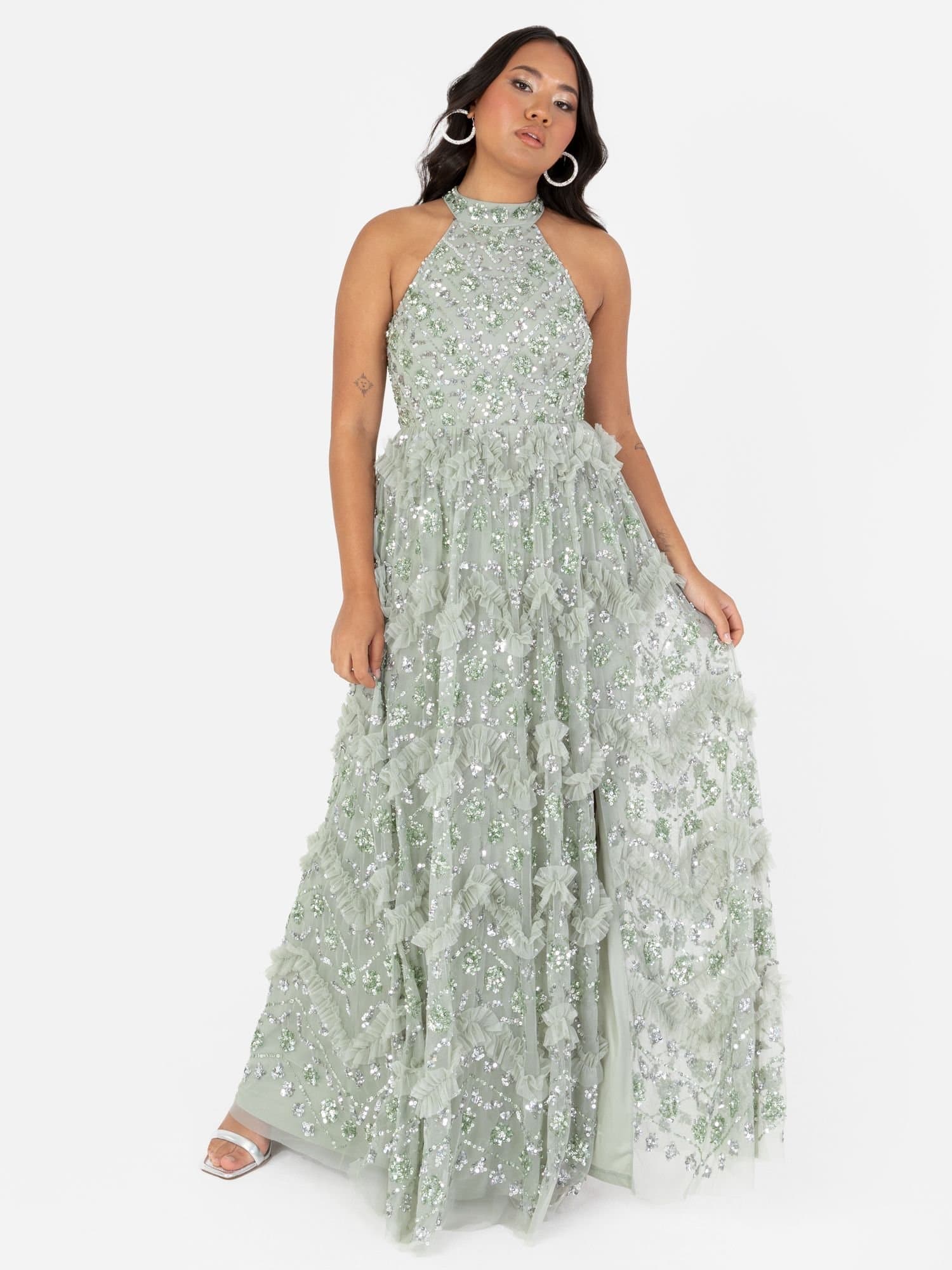 Maya Deluxe Maya Deluxe Women's Fully Embellished Halter Neck Maxi Dress in Mint
