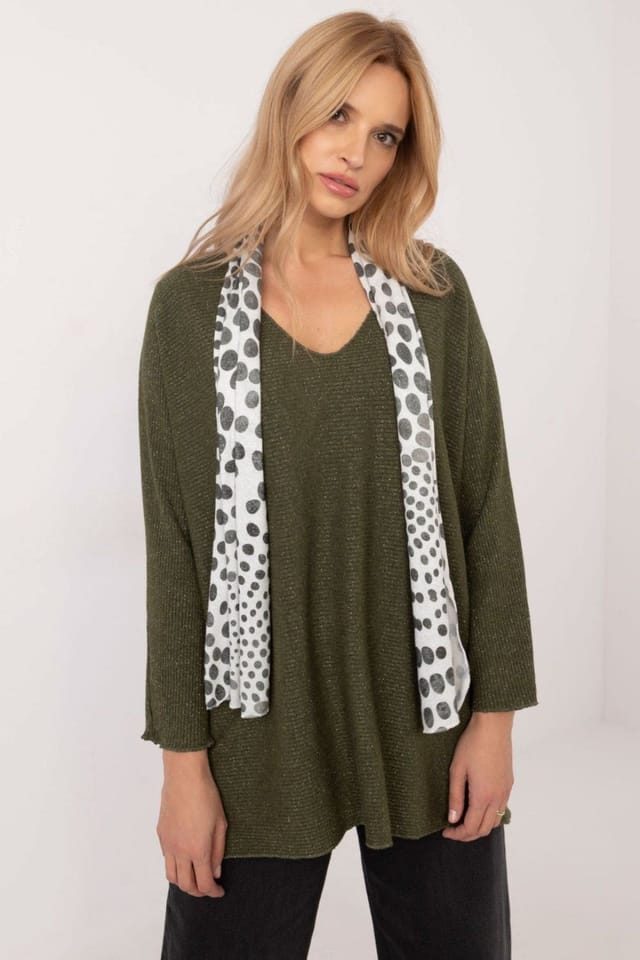 Love Lace Love Lace Women's Shimmer V Neck Knit Sweater With Scarf in Green - 3