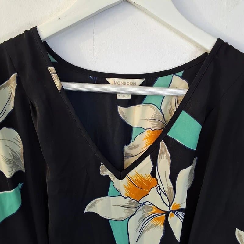 Monsoon Monsoon Tea Dress Size 8 Black Green Floral Leaf Pleated Front Fit & Flare Mini