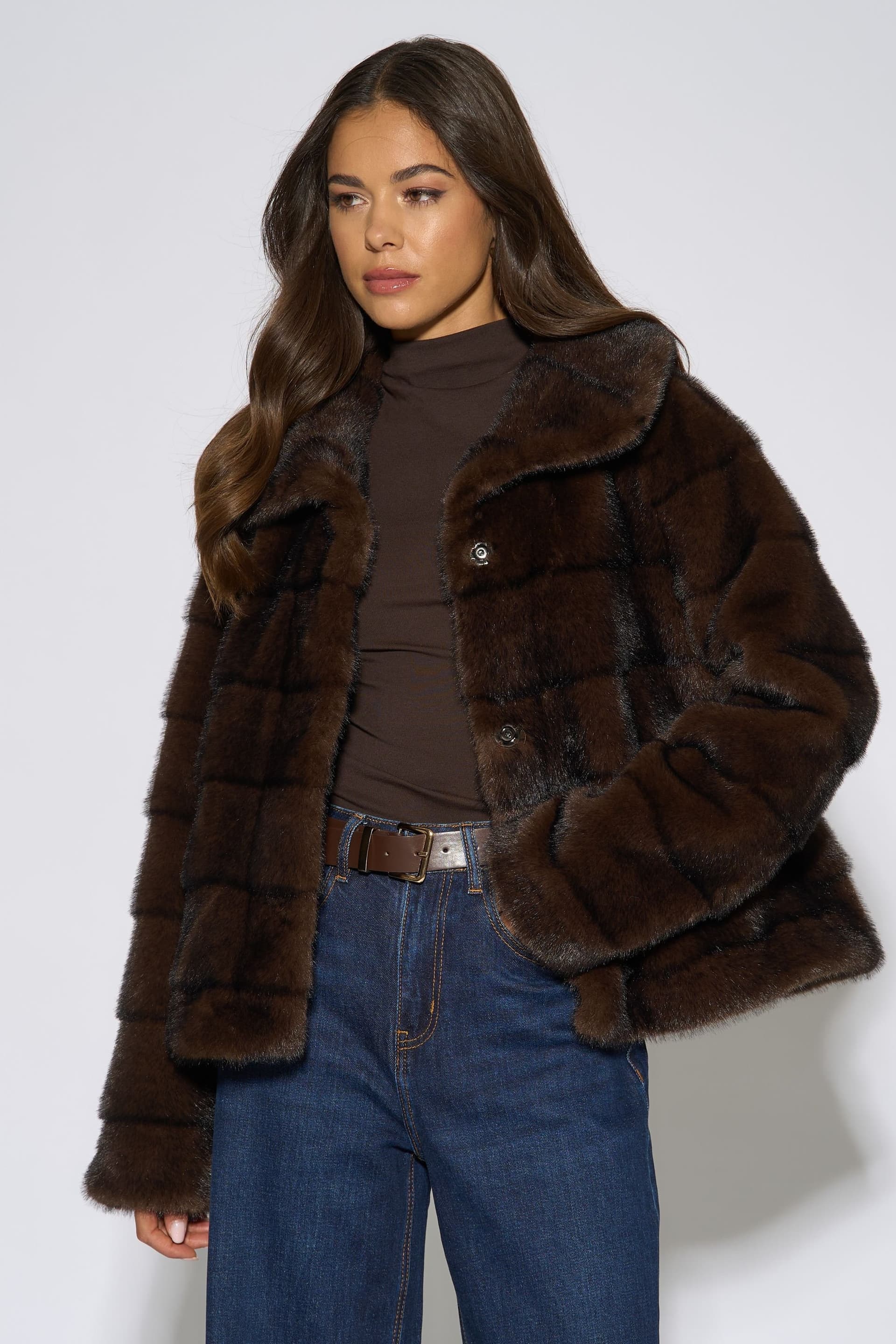 Gini London Gini London Women's Brown Panelled Faux Fur Jacket