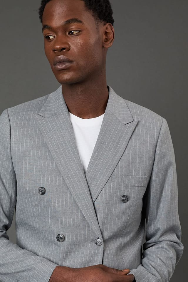 Burton Burton Men's Grey Pinstripe Double Breasted Blazer in Mid Grey - 2