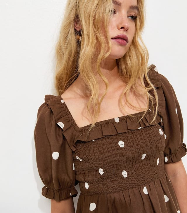 New Look Women's Brown Polka Dot Shirred Short Sleeve Mini Dress New Look - 2