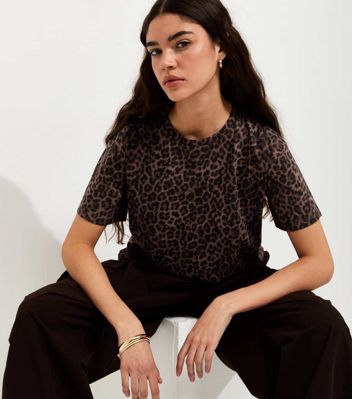 New Look Women's Brown Cotton Leopard Print Easy T-Shirt New Look