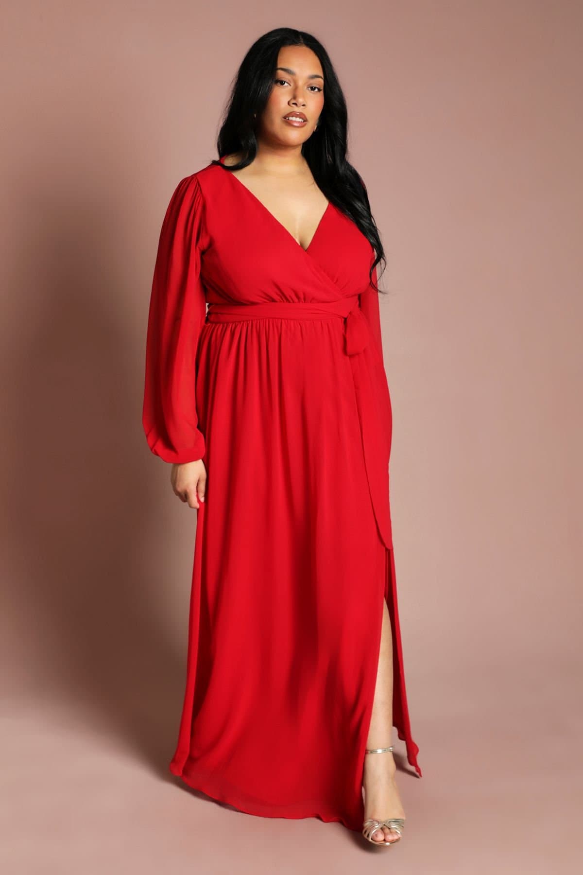 Coast Coast Women's Plus Wrap Front Pleated Georgette Maxi Dress in Red