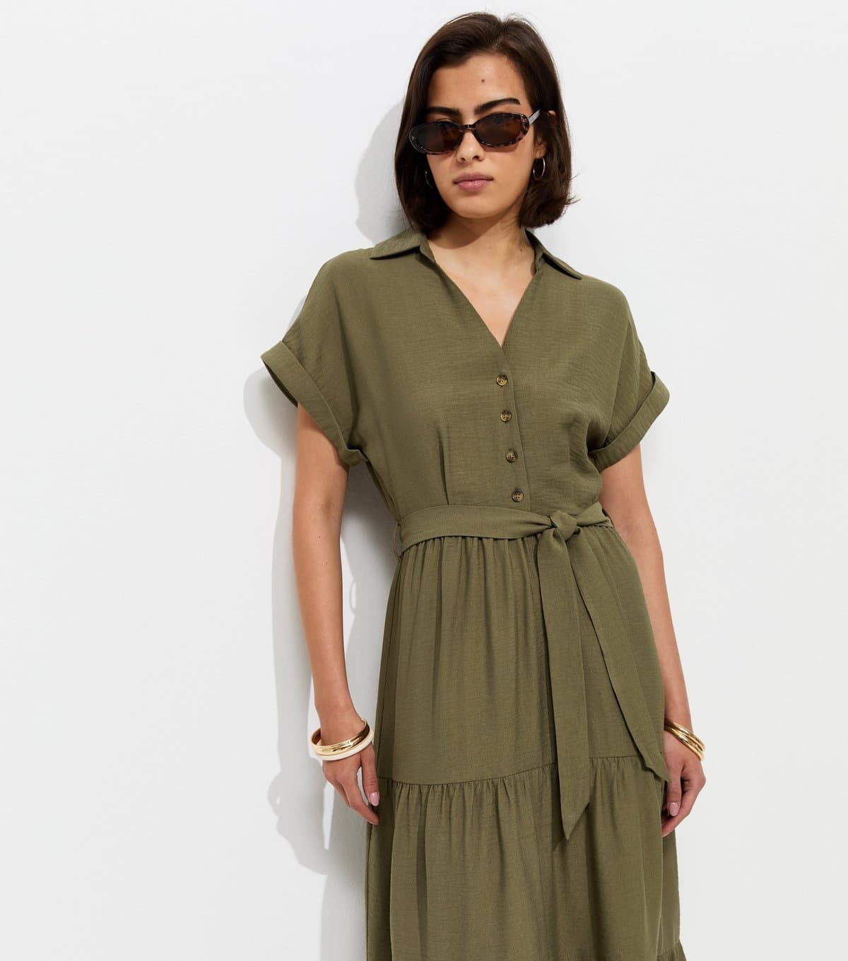 New Look Women's Dark Khaki Tiered Midi Shirt Dress New Look
