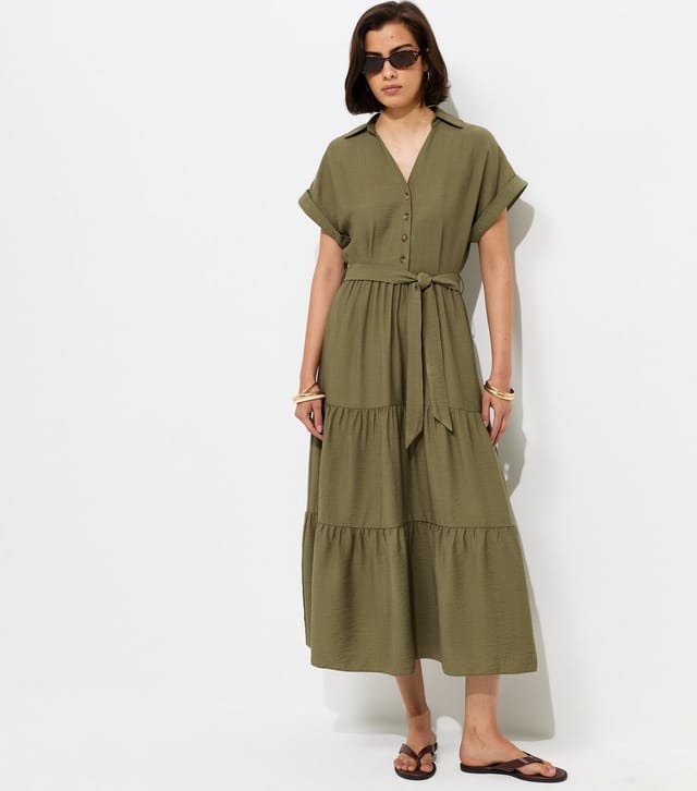 New Look Women's Dark Khaki Tiered Midi Shirt Dress New Look - 2
