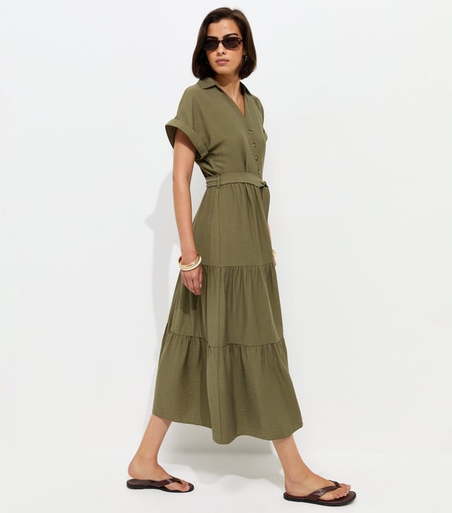 New Look Women's Dark Khaki Tiered Midi Shirt Dress New Look - 3